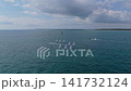 Miami sailing race. Sail training ship. Sailing boat at blue sky seascape. Ship sailing the sea. Sail boat at port of Miami. Travel by sea. Seascape horizon at sunset. Sea vacation. Sailboat vessel 141732124