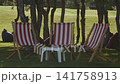 Lounge chairs stand in the shade of trees in a city park 141758913