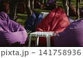 A recreation area for park visitors with soft seating in the shade of trees 141758936