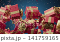 Flying Pink And Gold Gift Boxes Celebration With Confetti Against Bright Blue Sky 141759165