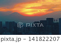 Mt Fuji Sunrise Timelapse Aerial View over Urban Skyline with Glowing Orange Skies 4k Professional Footage of Japanese Cityscape at Dawn Featuring Tall Buildings 141822207