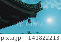 Japanese Temple Roof and Wind Bell Under Sunlit Blue Sky 4k Timelapse Shot 141822213