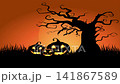 Halloween Haunted House with Full Moon Flying Bats Glowing Pumpkins Background 141867589