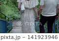Rear-view walking pair holding hands on weathered wooden footbridge with blue railings, white lace dress, green foliage, soft daylight, calm outdoor travel scene 141923946