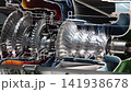 Cross section modern jet engine intricate turbine stages compressor blades internal airflow pathways. Detailed aerospace advanced propulsion technology precision engineering commercial aviation 141938678