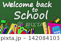 Chalkboard greeting with a vibrant border of school supplies. 142084103