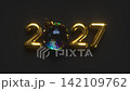 2027 New Year sign with rotating ball. 3d metallic golden numbers and glossy ball on black background. Seamless looped 4k animation. 142109762