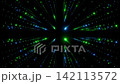 Elegant seamless loop animation of moving through wide angle grid of blue and green light rays 3d render, premium abstract digital network backdrop on black 142113572