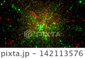 Dynamic animation of moving slowly through dense nebula of random red and green bokeh particles 3d render, premium abstract energy background on black 142113576