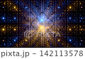 Fast dynamic seamless loop matrix of blue and gold metallic spheres. Dynamic Sci-Fi cyberpunk grid with neon light reflections 3d render 142113578