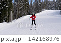 Young athletic woman skiing downhill on sunny day at ski resort with winter forest of pine trees in background. Funny dancing female enjoying an active winter vacation and outdoor sport 142168976