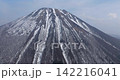 Drone aerial footage of snow remaining near the summit of Mt. Daisen in spring and the surrounding mountainside. 142216041