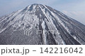 Drone aerial footage of snow remaining near the summit of Mt. Daisen in spring and the surrounding mountainside. 142216042