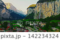 Aerial view of Lauterbrunnen valley in Switzerland. Swiss alpine village Lauterbrunnen. Gorgeous mountains with waterfalls and valley, nature of Swiss Alps 142234324