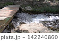Serene stream flowing under rustic wooden bridge in natural landscape 142240860