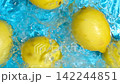 Slow motion of fresh whole yellow lemons falling into clear water with splashes 142244851