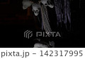 Close-up of a hanging skull garland at night. Plastic skulls on a rope create spooky Halloween decor. 142317995