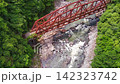 The former Fukuchiyama Line: Red railway bridge and rapids, viewed from above the gorge. 142323742