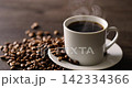 Hot coffee and coffee beans on the table 142334366