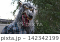 Close-up of a scary werewolf mask with open mouth, sharp teeth, and gray fur. Halloween costume outdoors in a yard with green foliage and a fence. 142342199