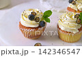 Delicious vanilla cupcakes with white frosting blueberries and mint on a textured surface 142346547