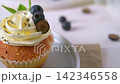 Fresh vanilla cupcake with white cream frosting and blueberries on a white plate 142346558