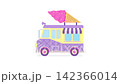 Cartoon bright truck and pink ice cream cone from above. Cute footage in flat style. Doodle food concept. 4k Animation with white background. 142366014