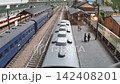 An old-style passenger express train runs on a model railway layout. 142408201