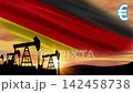 Financial graphs climb upward alongside oil derricks and the European currency symbol. Economic indicators show intense pressure on commercial fuel expenses. 142458738