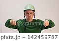 Cyclist in helmet driving invisible vehicle on white background 142459787