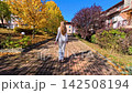 Young blonde woman walking along a scenic path with vibrant autumn trees and clear blue sky, back view of slender girl enjoying sunny fall day, outdoor lifestyle concept 142508194