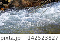 Slow motion video flow of a small mountain river flows from left to right with air bubbles. Tree branches hanging on the surface without leaves, 30 fps 142523827
