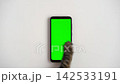 Cat paw touching, clicking, tapping and swiping phone with chromakey screen. Feline Paw typing smartphone with green background. Close-up. Chroma key vertical mock up for advertising. Cat using phone 142533191