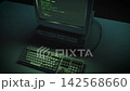 3D animation of a retro PC and keyboard with fictional code display. 142568660