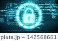 3D animation of PC monitor and keyboard; lock security icon; zoom out. 142568661