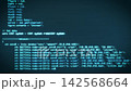 3D animation of a PC monitor and keyboard, displaying fictional code, zoom out. 142568664