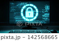 3D animation of PC monitor and keyboard, with a lock security icon, looping. 142568665