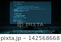 3D animation of a PC monitor and keyboard, displaying fictional code, looping. 142568668