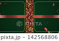 Christmas gift box portal animation. Emerald green doors with ribbons and red bow. Central bow with number 25 explodes into tiny shards, opening luxury reveal transition on burgundy screen with sparks 142568806