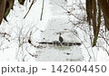 Grey heron walking across frozen stream in winter 142604450