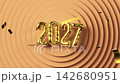 2027 New Year gold balloon sign with falling golden confetti. 3d render metallic golden numbers on beige geometric background. Seamless looped 4k animation. 142680951