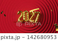 2027 New Year gold balloon sign with falling golden confetti. 3d render metallic golden numbers on red geometric background. Seamless looped 4k animation. 142680953