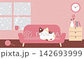 Looping animated background featuring a cat sleeping on a pink sofa and snow falling outside the window. 142693999