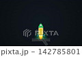 Cartoon Rocket Launching into Outer Space with Glowing Engine Flame 142785801