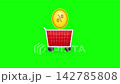 Discount Shopping Cart with Golden Percentage Coin on Green Background 142785808