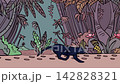 a moving hand-drawn animation of a tropical forest, side view, background 142828321