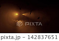 Glowing Halloween jack-o-lantern face in brown fog with falling autumn leaves silhouettes. Spooky pumpkin glow atmospheric horror holiday background. Seamless loop 3d rendering animation. 142837651