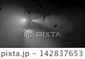Glowing Halloween jack-o-lantern face in grey fog with falling autumn leaves silhouettes. Spooky pumpkin glow atmospheric horror holiday background. Seamless loop 3d rendering animation. 142837653