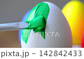 Close-up of hands painting colorful Easter eggs with a paintbrush 142842433