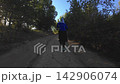 Trail running woman determined pace forest tracking shot golden hour 142906074